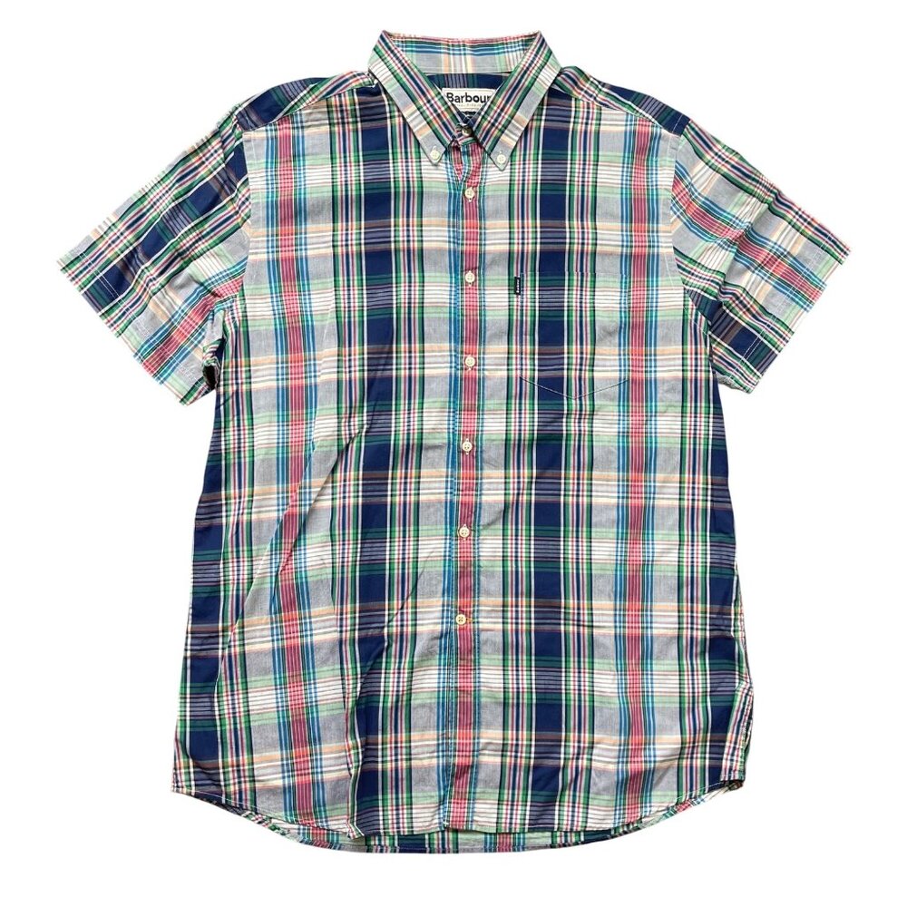 Barbour Mens Tailored Fit Plaid Short Sleeve Shirt Size L 100% Cotton Multicolor